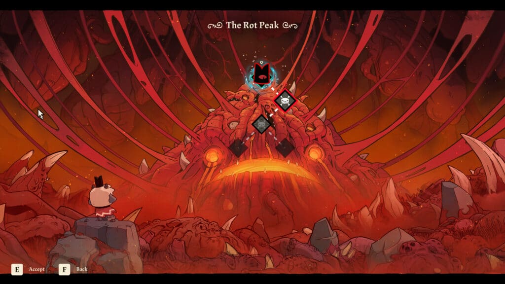 Cult of the Lamb Woolhaven displays The Rot Peak as a massive corrupted mountain on the world map