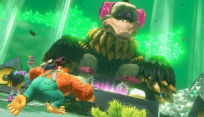 The image shows a screenshot from the video game Donkey Kong Bananza, featuring Donkey Kong, Pauline, and the Ostrich Elder