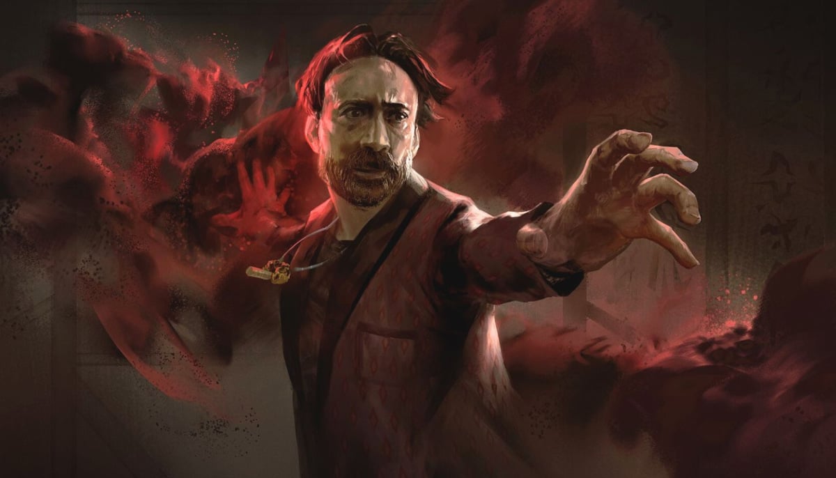 A red themed Dead by Daylight artwork shows a character surrounded by swirling supernatural energy