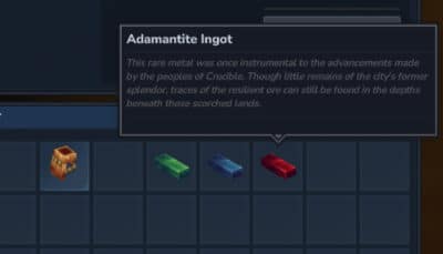 The Hytale inventory highlights an adamantite ingot with a lore description about its origins beneath scorched lands