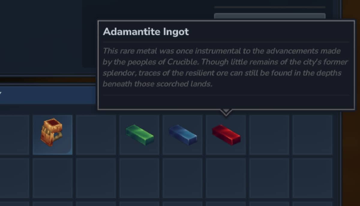 The Hytale inventory highlights an adamantite ingot with a lore description about its origins beneath scorched lands