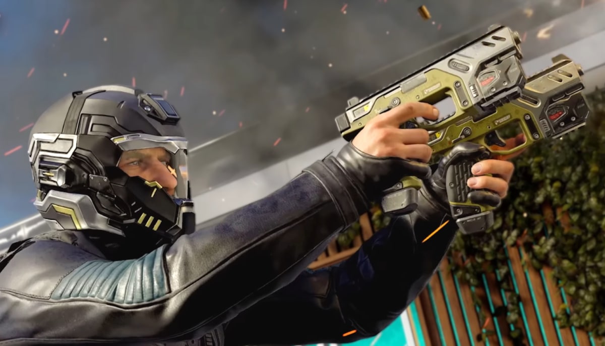 An operator in tactical armor fires dual pistols during combat in CoD Black Ops 7