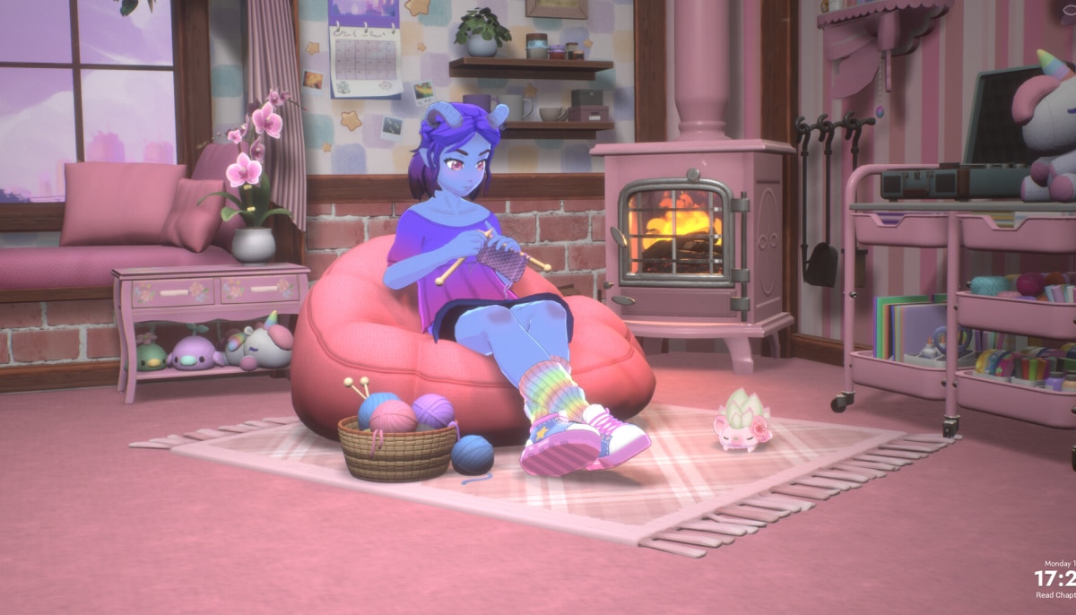 A cozy character relaxes on a bean bag while knitting near a warm fireplace in Spirit City Lofi Sessions