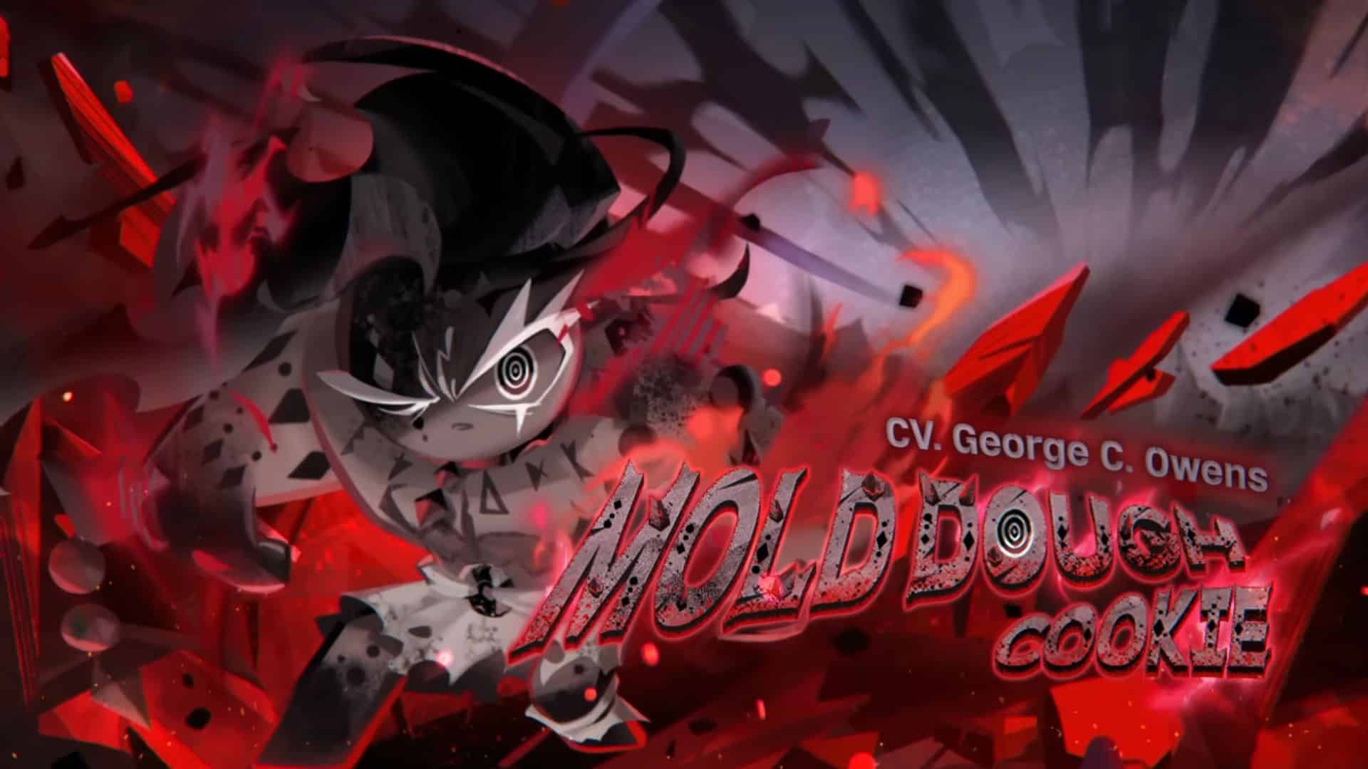 A dramatic, action-oriented digital illustration from the game Cookie Run: Kingdom featuring a dark, leopard-spotted cookie character in a dynamic pose, surrounded by red and black energy effects. Text overlays on the image read "CV. George C. Owens" and "MOLD DOUGH COOKIE."