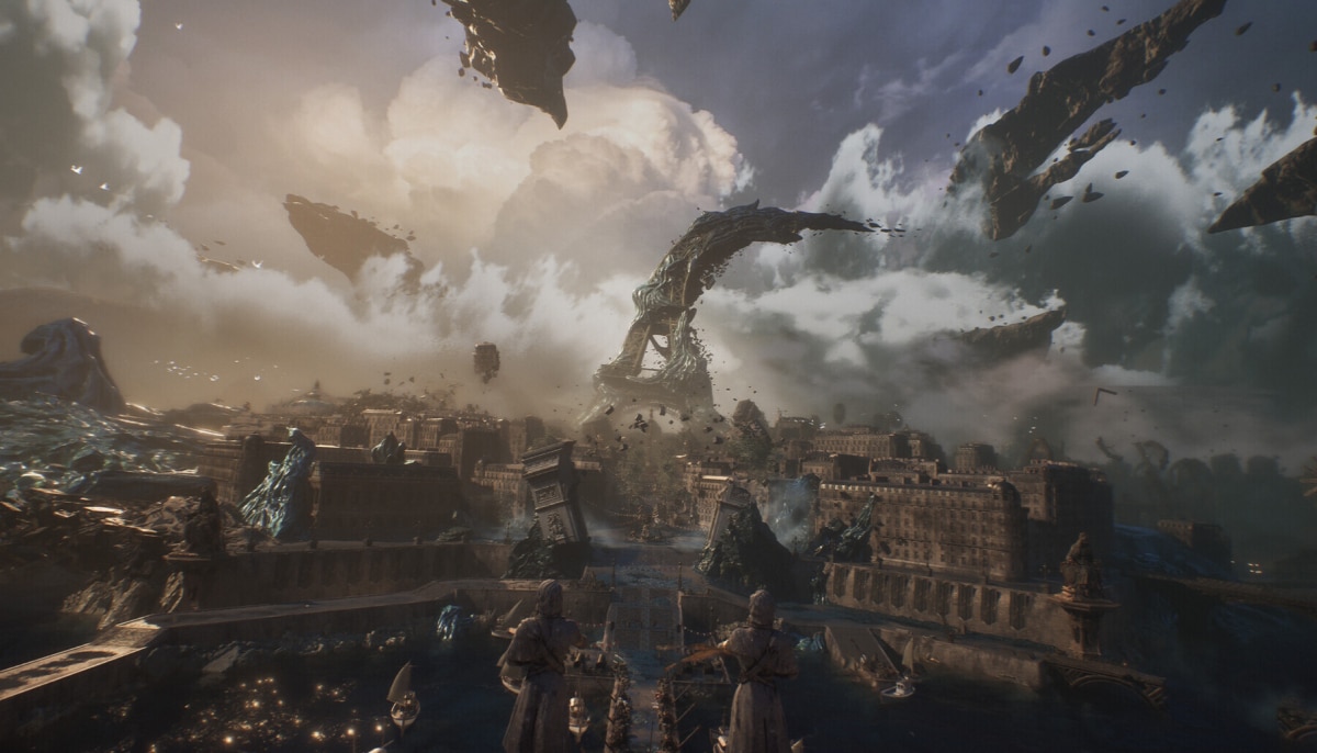 Two figures look over a grand city as massive floating structures collapse in the sky in Clair Obscur Expedition 33