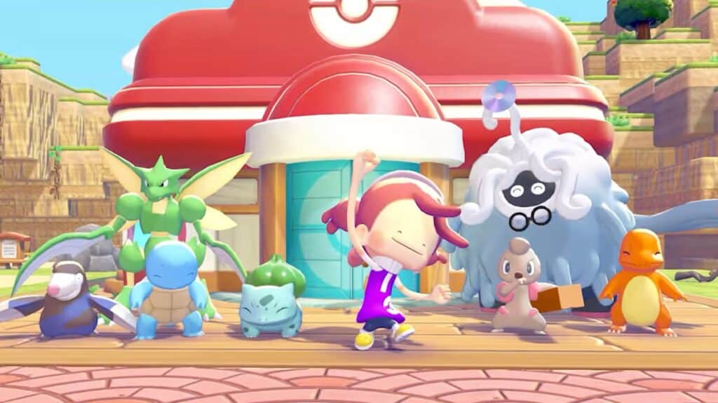 A cheerful trainer dances in front of a Poké Center surrounded by familiar Pokémon in Pokémon Pokopia