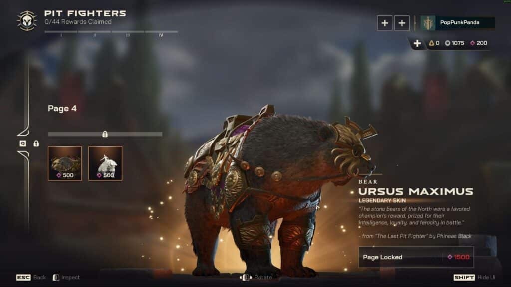 The Ursus Maximus bear legendary skin is previewed in Highguard with ornate armor and glowing effects