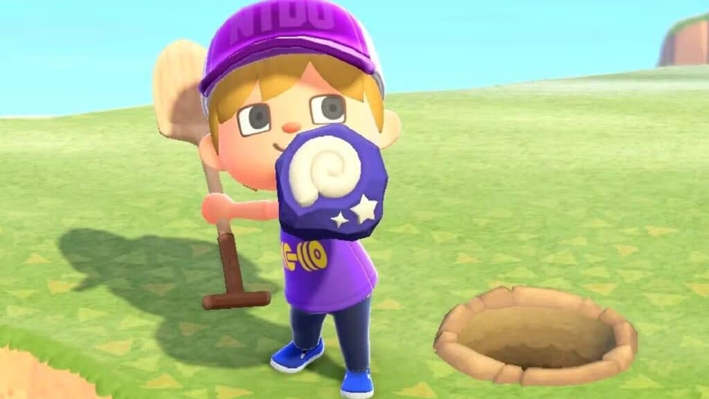A villager holds a shovel beside a freshly dug hole on the island in Animal Crossing New Horizons
