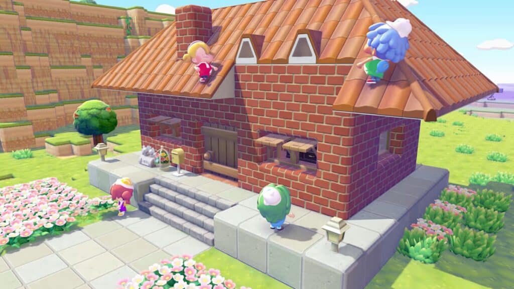 Chibi villagers climb and explore a brick house together in a bright village scene in Pokémon Pokopia