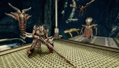 A Warframe faces multiple alien enemies on a suspended metal platform during combat in Warframe
