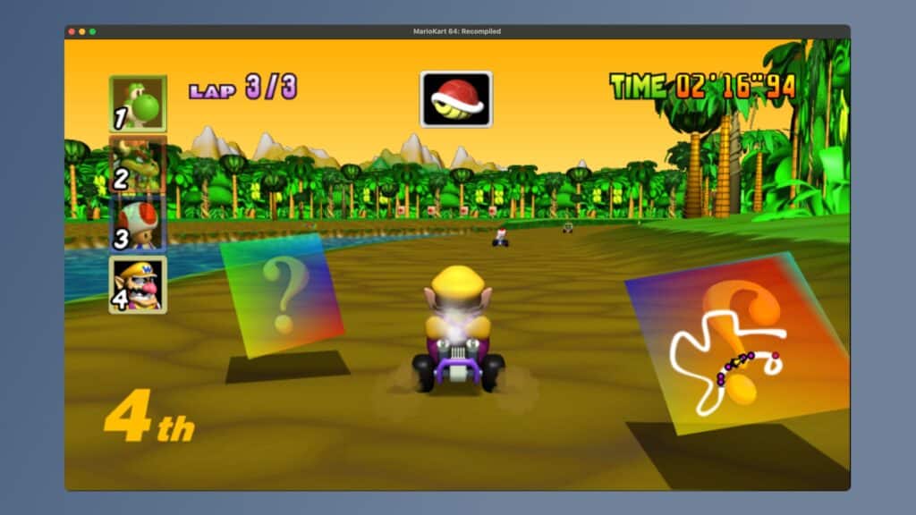 Wario drives his kart past item boxes during the final lap on a jungle course in Mario Kart 64 Recompiled