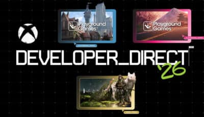 A promotional graphic for Xbox Developer Direct 2026 highlights upcoming games from Playground Games and Game Freak