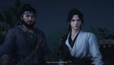 Two characters stand side by side during a nighttime story scene in Where Winds Meet