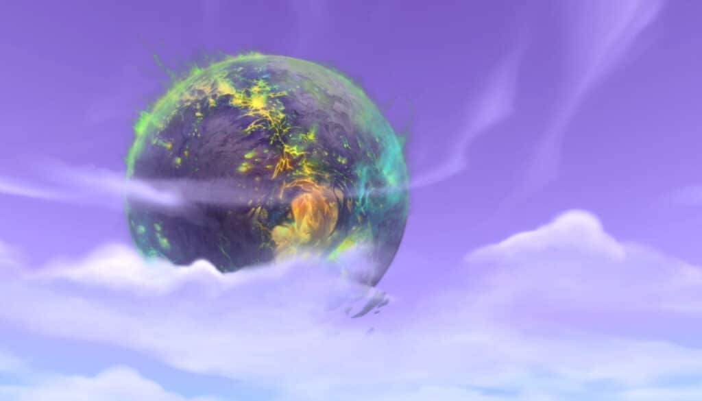 A cracked glowing sphere hangs in the sky above the Shadowlands in World of Warcraft