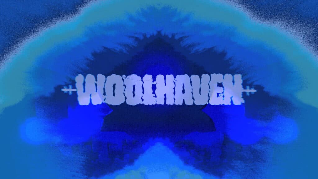 The Cult of the Lamb Woolhaven logo appears in icy blue tones with a dark ominous background