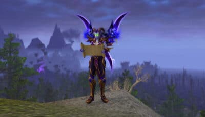 A horned character in glowing armor reads a scroll on a cliff overlooking the landscape in World of Warcraft