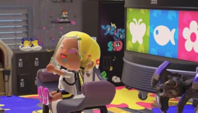 Animal Crossing New Horizons features a villager relaxing in a colorful living room as confetti falls around them