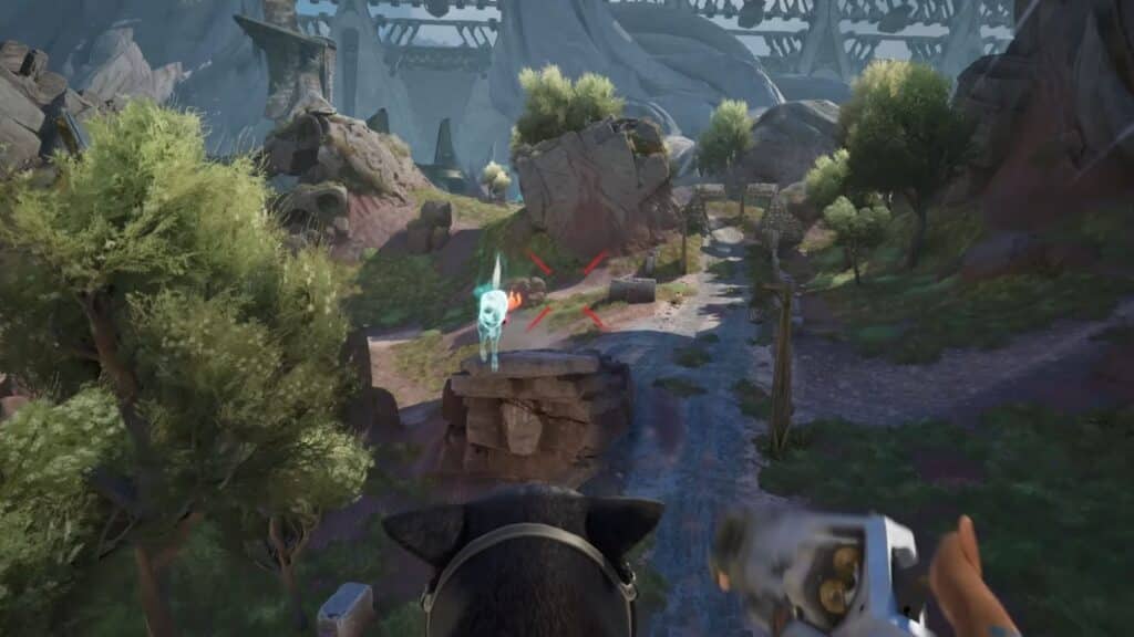 First-person perspective in a vibrant, rocky Highguard environment, showing a small, glowing white, ethereal fox-like creature standing on a rock ledge in the distance. The player is holding a futuristic weapon, and the UI has dog-ear icons on the bottom left and top of the screen