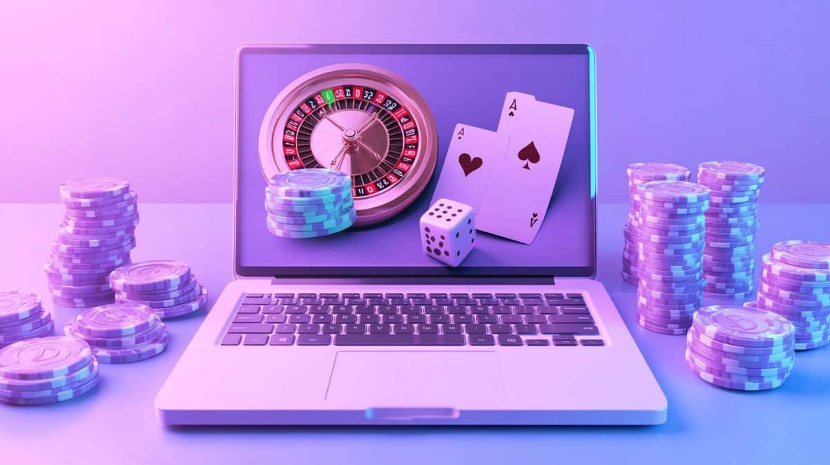 Laptop sitting on a desk surrounded by various gambling symbols representing BetWhale sister sites