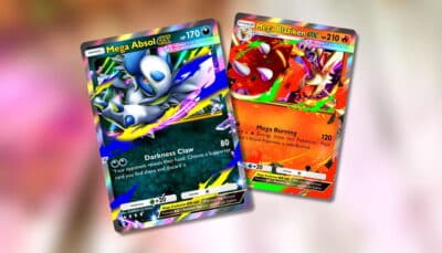 Mega Absol ex and Mega Blaziken ex cards from the Mega Rising set in Pokémon TCG Pocket