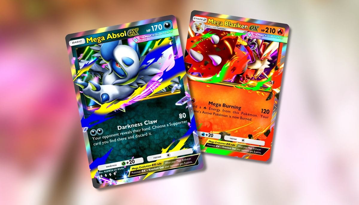 Mega Absol ex and Mega Blaziken ex cards from the Mega Rising set in Pokémon TCG Pocket