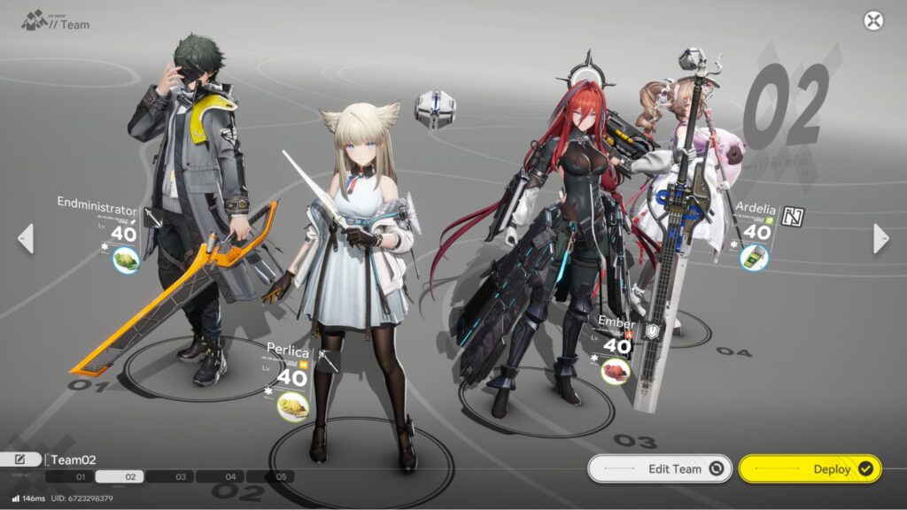 アークナイツ：エンドフィールドのチーム編成画面。エンバーがエンドミニストレーター、ペルリカ、アルデリアと共に登場し、強力なシナジーを持つバランスの取れた物理攻撃重視のチーム構成を示している。