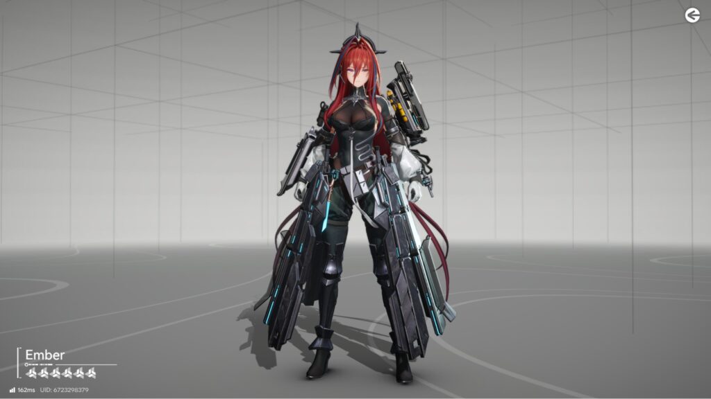 『アークナイツ エンドフィールド』に登場するエンバーのキャラクターモデル全体。パーティ全体のシールドと回復力を高めるために最大HPを優先する、装備重視のビルドが特徴。