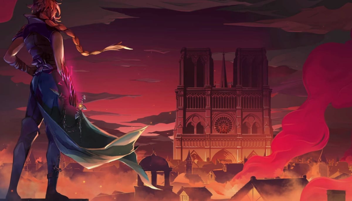 Castlevania: Belmont’s Curse character overlooking gothic Paris skyline at dusk