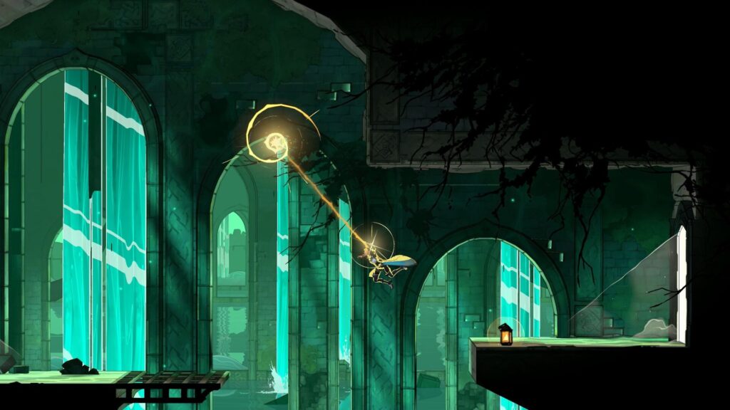 Castlevania: Belmont’s Curse gameplay showing whip-based traversal through a gothic ruin