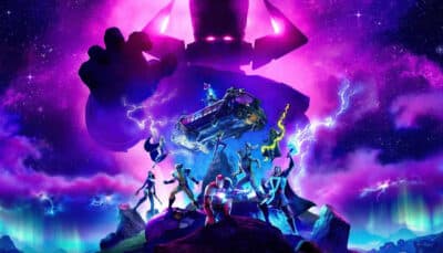 Fortnite characters on a battlefield with a giant cosmic figure looming in the background
