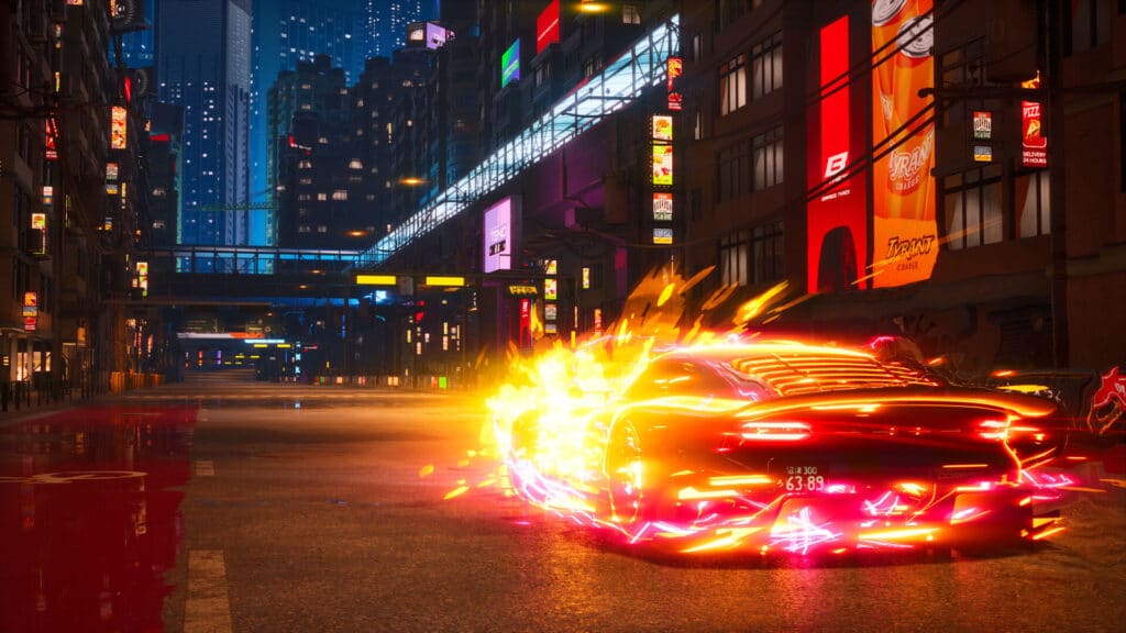 スクリーマーでネオンに照らされた街の通りを光るエフェクトとともに疾走する車