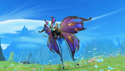 Spring Butterfly mount flying over a grassy World of Warcraft landscape, showcasing the seasonal butterfly mount available during the Love is in the Air event.