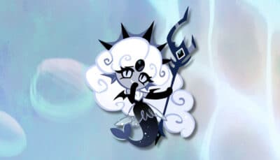 Sea Fairy Cookie floats gracefully with a staff against a soft glowing background in Cookie Run Kingdom