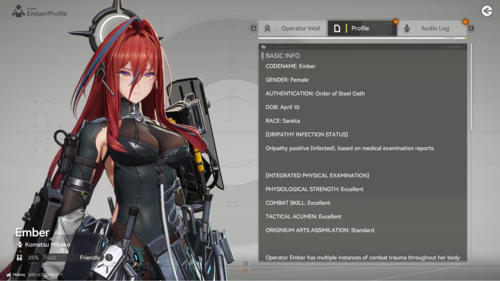 『アークナイツ エンドフィールド』におけるエンバーのオペレータープロフィール画面。彼女の経歴、戦闘能力評価、そしてサブDPSとサポートを兼ねるハイブリッドな能力が表示されており、彼女を入手する価値があることがわかる。