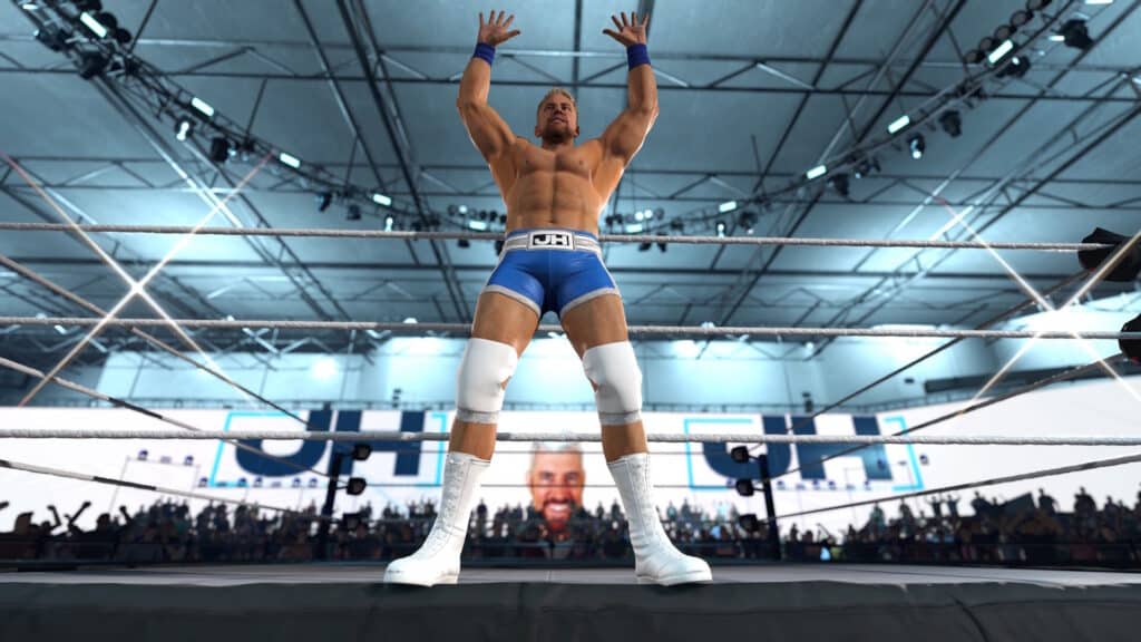 WWE 2K26でリングロープに腕を上げるジョー・ヘンドリー