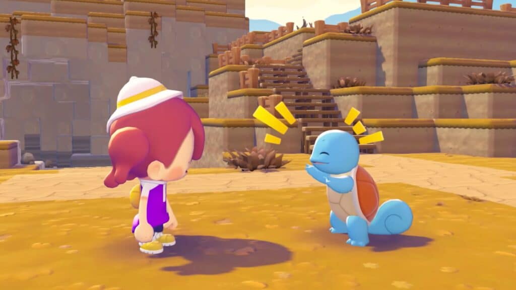 ポケモン ポコピアでゼニガメとやりとりするプレイヤーキャラクター