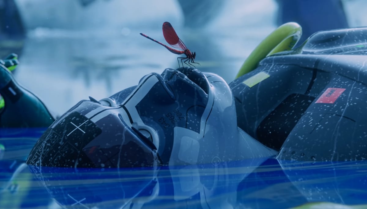 Futuristic armored character lying in shallow water in Marathon with a red insect on the helmet