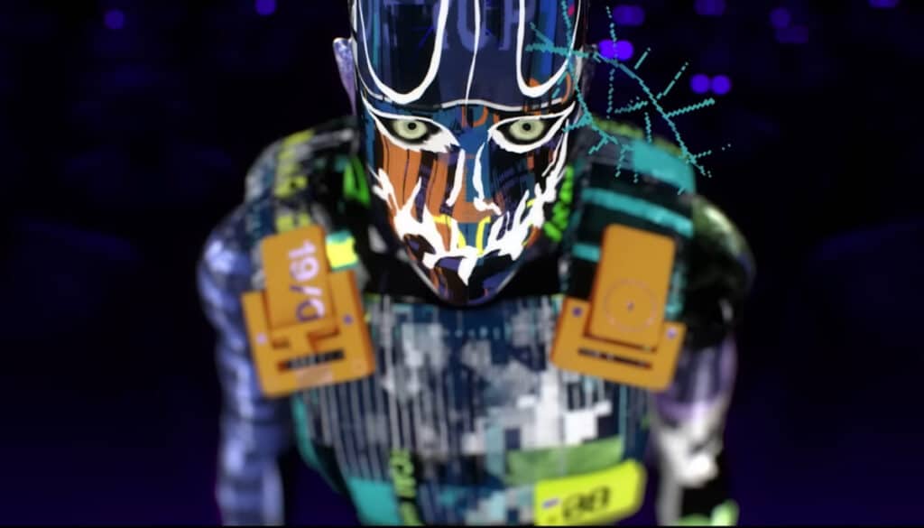 Masked runner character from Marathon with glowing eyes and futuristic armor