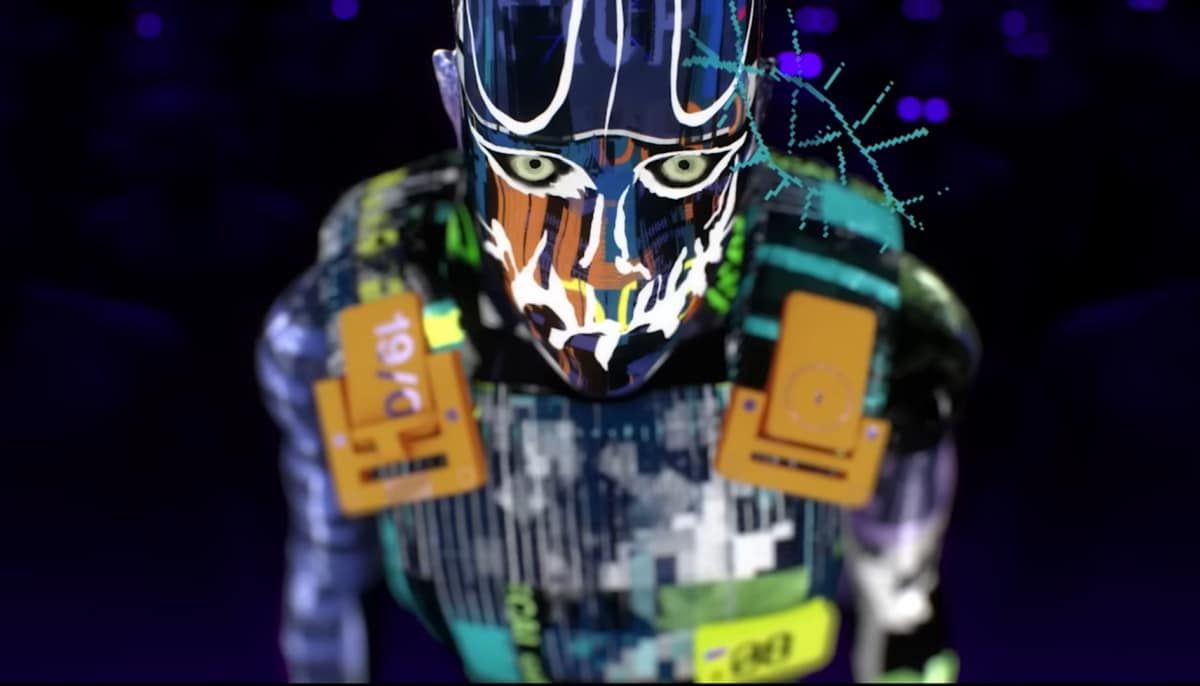 Masked runner character from Marathon with glowing eyes and futuristic armor