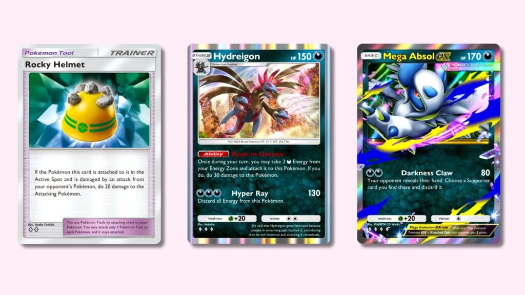 ポケモンTCGポケットのダークネスデッキで使用されるメガアブソルex、サザンドラ、ロッキーヘルメットのカード