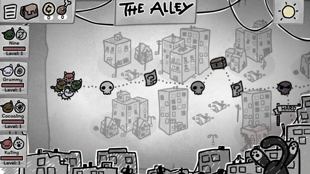 ビデオゲーム「Mewgenics」のスクリーンショット。「THE ALLEY」というエリアのマップインターフェースが表示されています。左のサイドバーには、レベル1のプレイ可能な猫キャラクター4体（ナイン、グラミー、ココアリング、クティン）がリストされています。