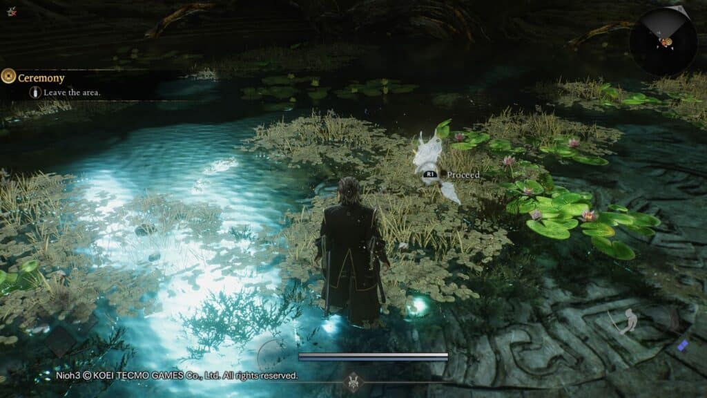 Tokugawa Takechiyo overlooks a glowing swamp filled with lily pads and spectral light, illustrating Nioh 3’s vibrant yet dangerous open-field environments.