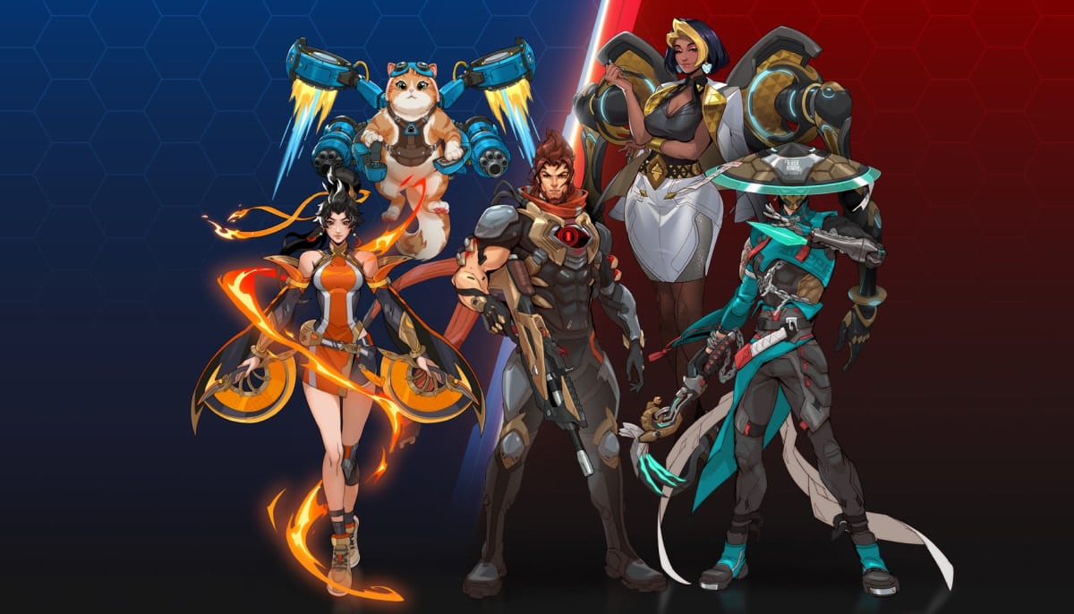 The image displays the five new heroes released simultaneously for the game Overwatch in February 2026, as part of a major rebrand and the "Reign of Talon" story arc