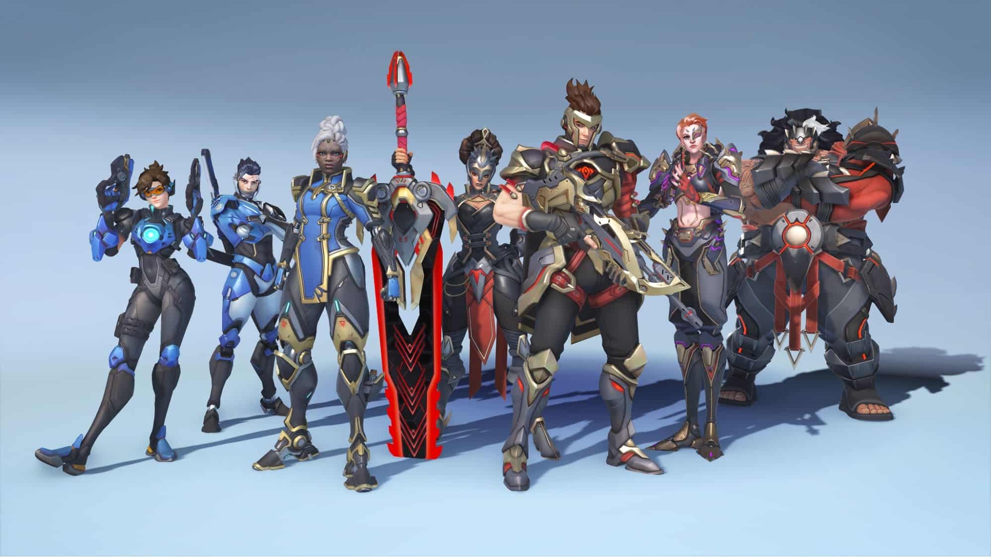 この画像には、Overwatchシリーズのキャラクター8人が剣闘士をテーマにした鎧を身に着けている姿が写っている。これらは、同ゲームの「騎兵隊」シーズン初のバトルパスの一部だ。スキンは2つの異なる配色で展開され、金と青を基調としたものもあれば、黒と赤を基調としたものもある。