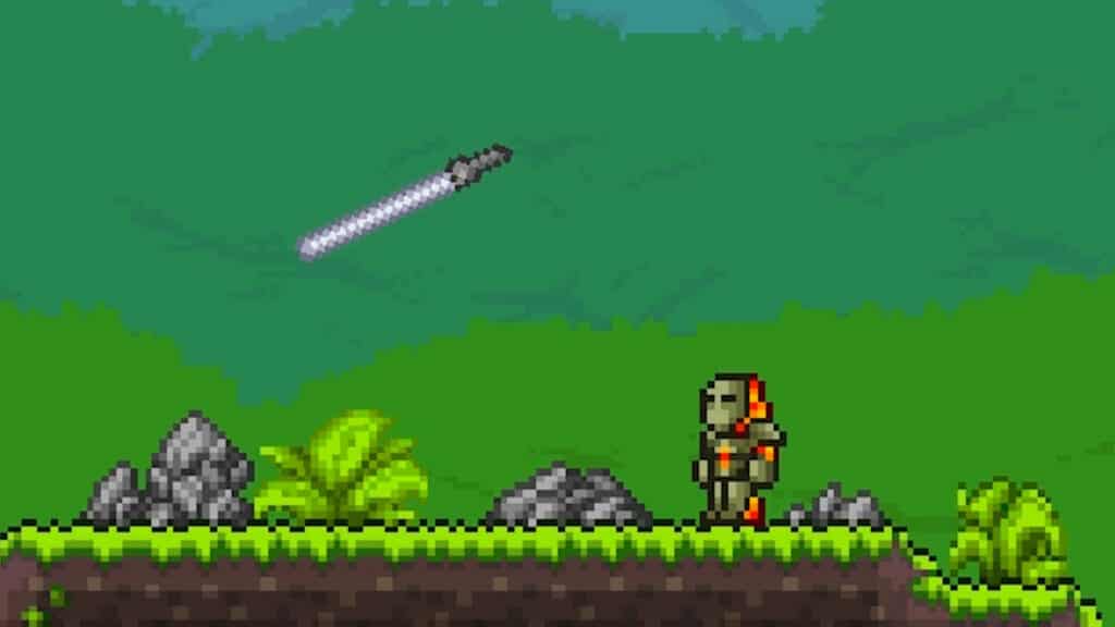 A glowing energy blade flies across the screen demonstrating the updated Phasesaber visuals in Terraria 1.4.5.