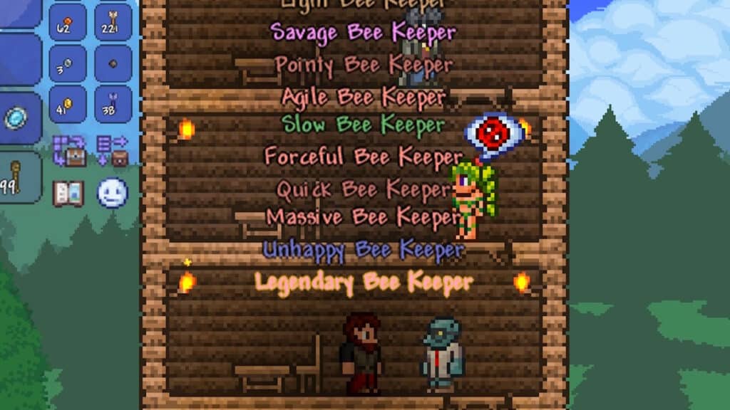 Terraria 1.4.5 shows a wooden interior with NPCs and updated reforge related interface elements visible.
