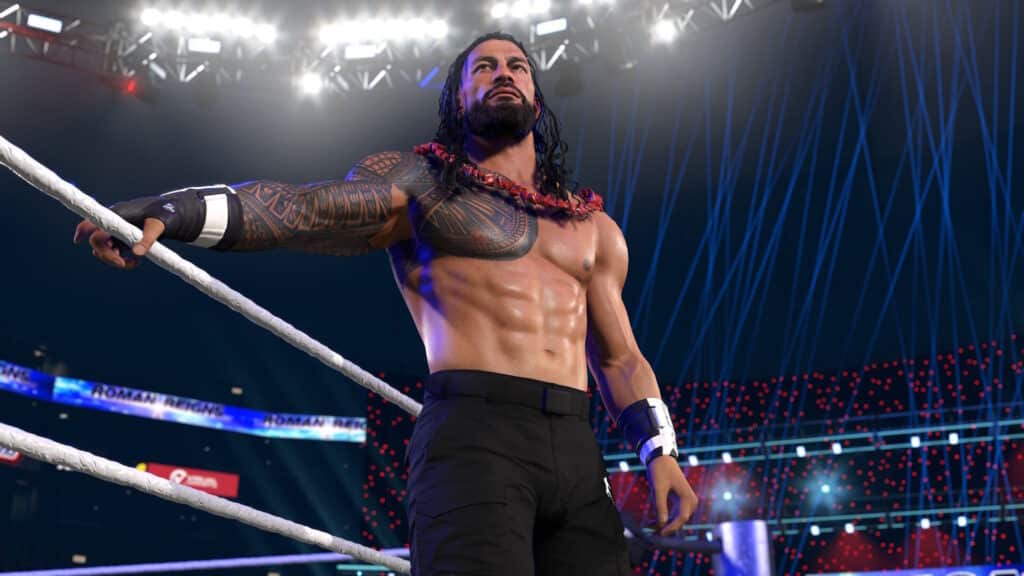 WWE 2K26でアリーナの照明の下、リングロープの上に立つローマン・レインズ