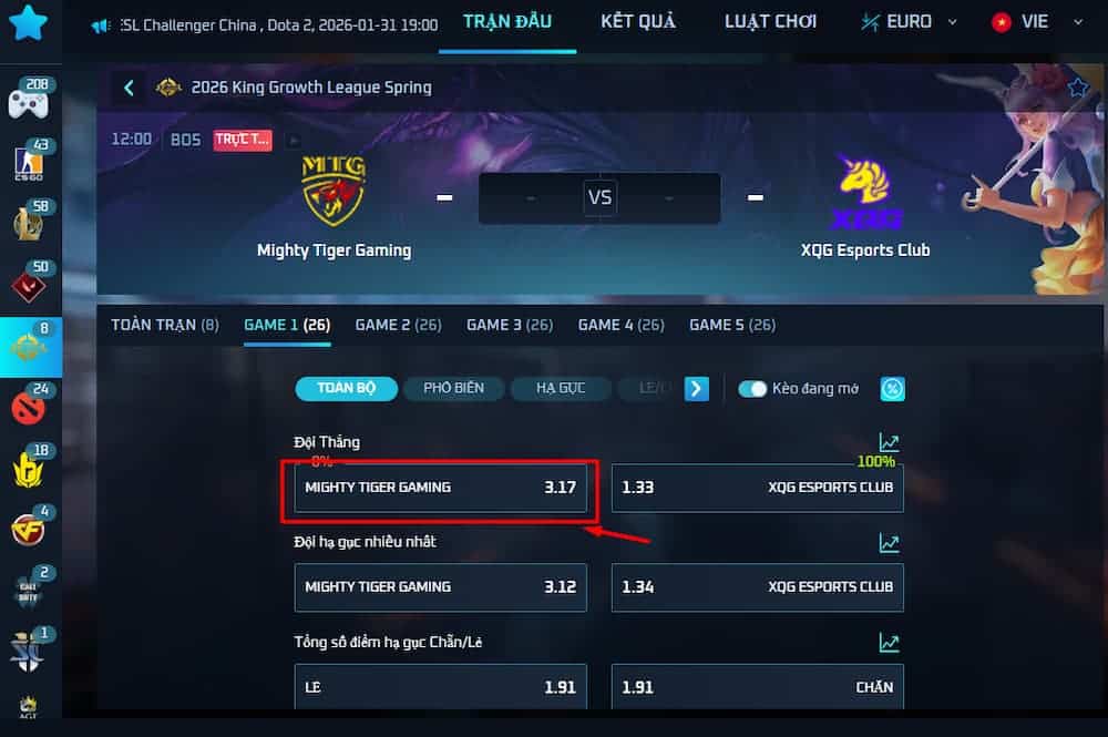 Nhấp vào tỷ lệ cược tại lựa chọn tại kèo bạn muốn đặt và điền thông tin vào phiếu cược
