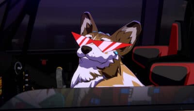 Anime-style dog wearing sunglasses inside a car cockpit in Screamer