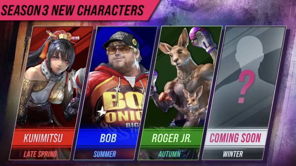 鉄拳8シーズン3のアートワークには、新キャラクターのボブ・クニミツとロジャー・ジュニアが複数のシーズンに渡って登場することが示されており、1人のファイターはまだ近日登場予定と示唆されている。
